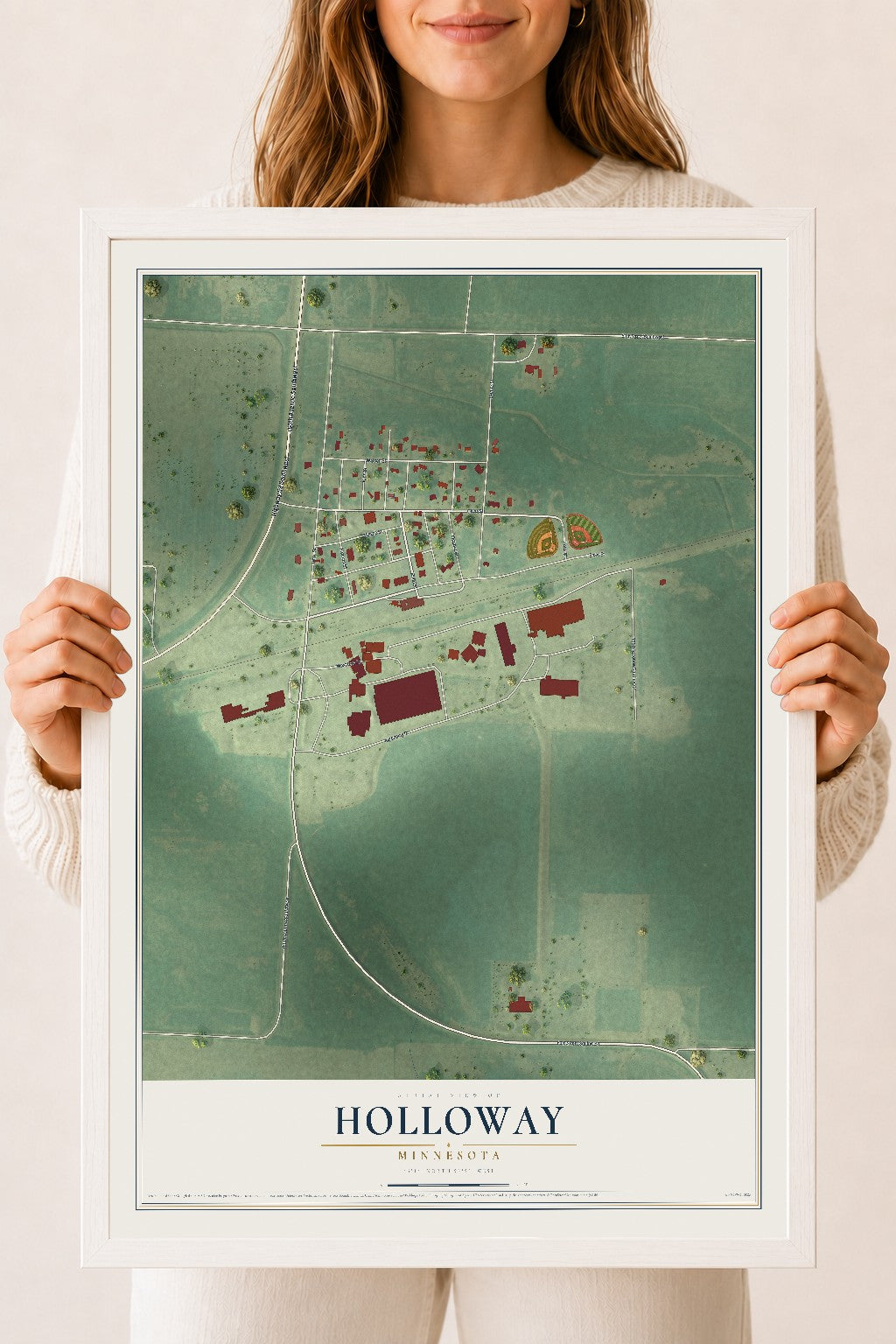 Map of Holloway, Minnesota, 18 x 24 inch print in a white wood frame