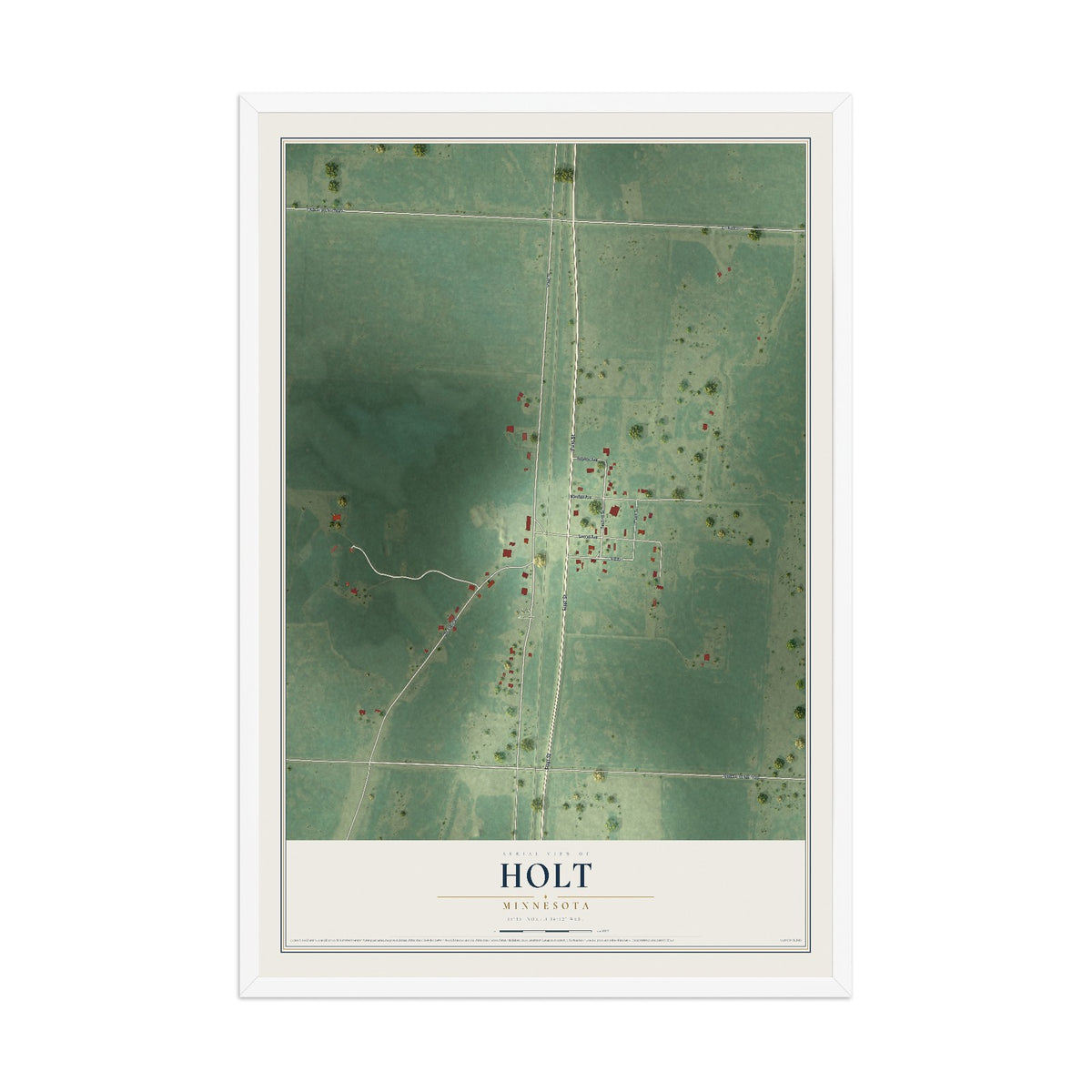 Map of Holt, Minnesota, 12 x 18 inch print in a white wood frame