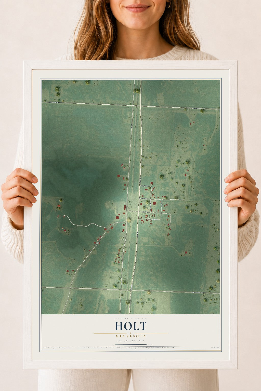 Map of Holt, Minnesota, 18 x 24 inch print in a white wood frame