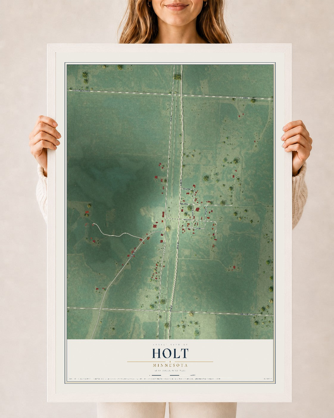 Map of Holt, Minnesota, 24 x 36 inch print in a white wood frame