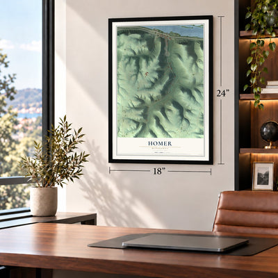 Homer, Minnesota map, 18 x 24 inch print in a black frame in a home office