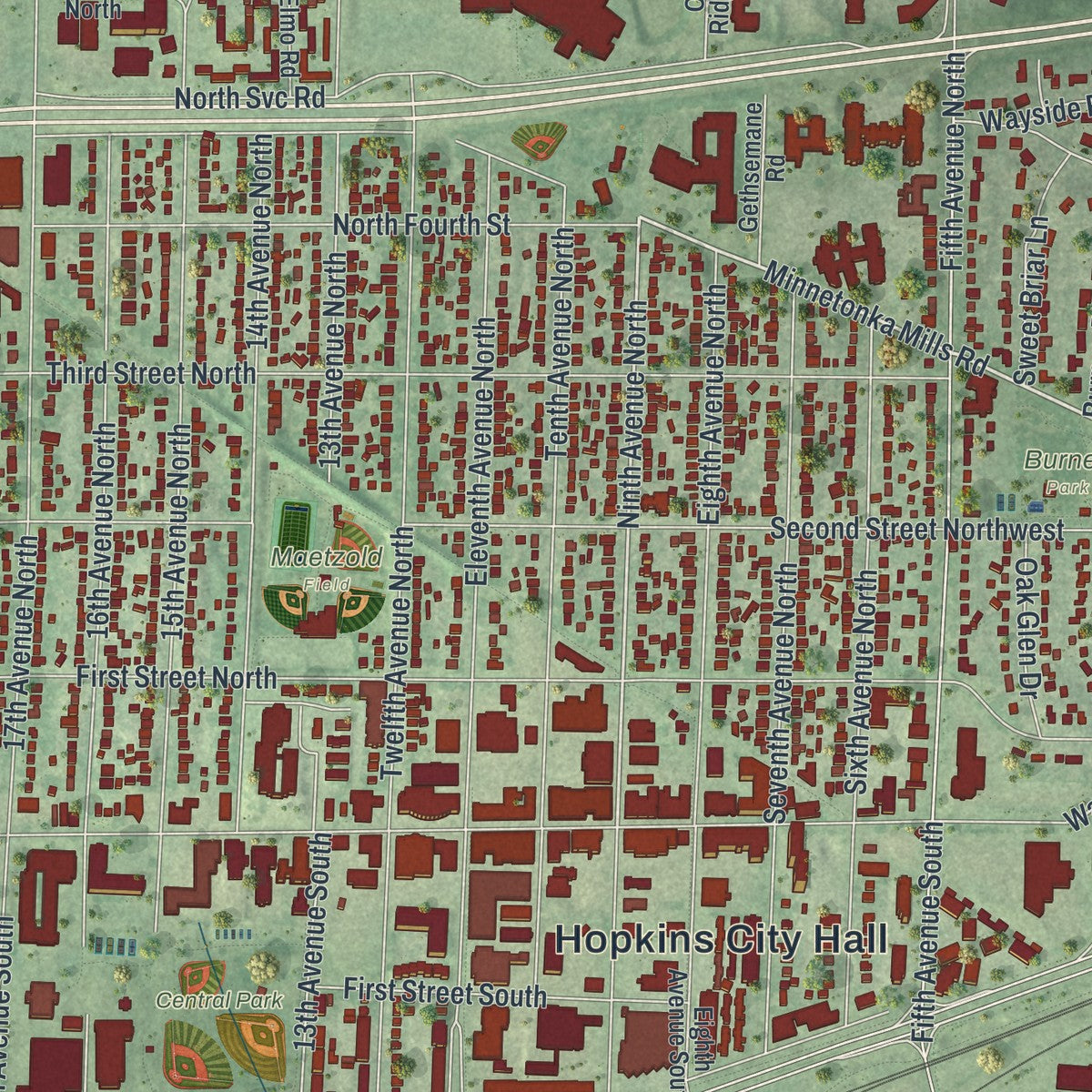 Close-up of the map of Hopkins, Minnesota print showing street and building detail