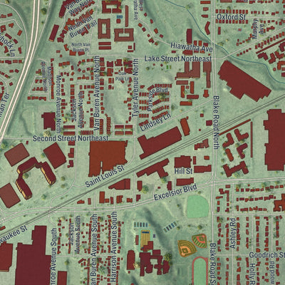 Second close-up of the map of Hopkins, Minnesota print showing more streets and buildings