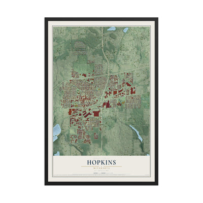 Map of Hopkins, Minnesota, 12 x 18 inch print in a black wood frame