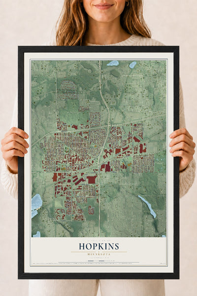 Map of Hopkins, Minnesota, 18 x 24 inch print in a black wood frame
