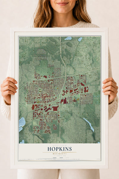 Map of Hopkins, Minnesota, 18 x 24 inch print in a white wood frame