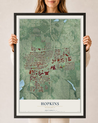 Map of Hopkins, Minnesota, 24 x 36 inch print in a black wood frame
