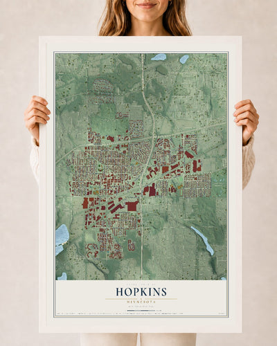 Map of Hopkins, Minnesota, 24 x 36 inch print in a white wood frame