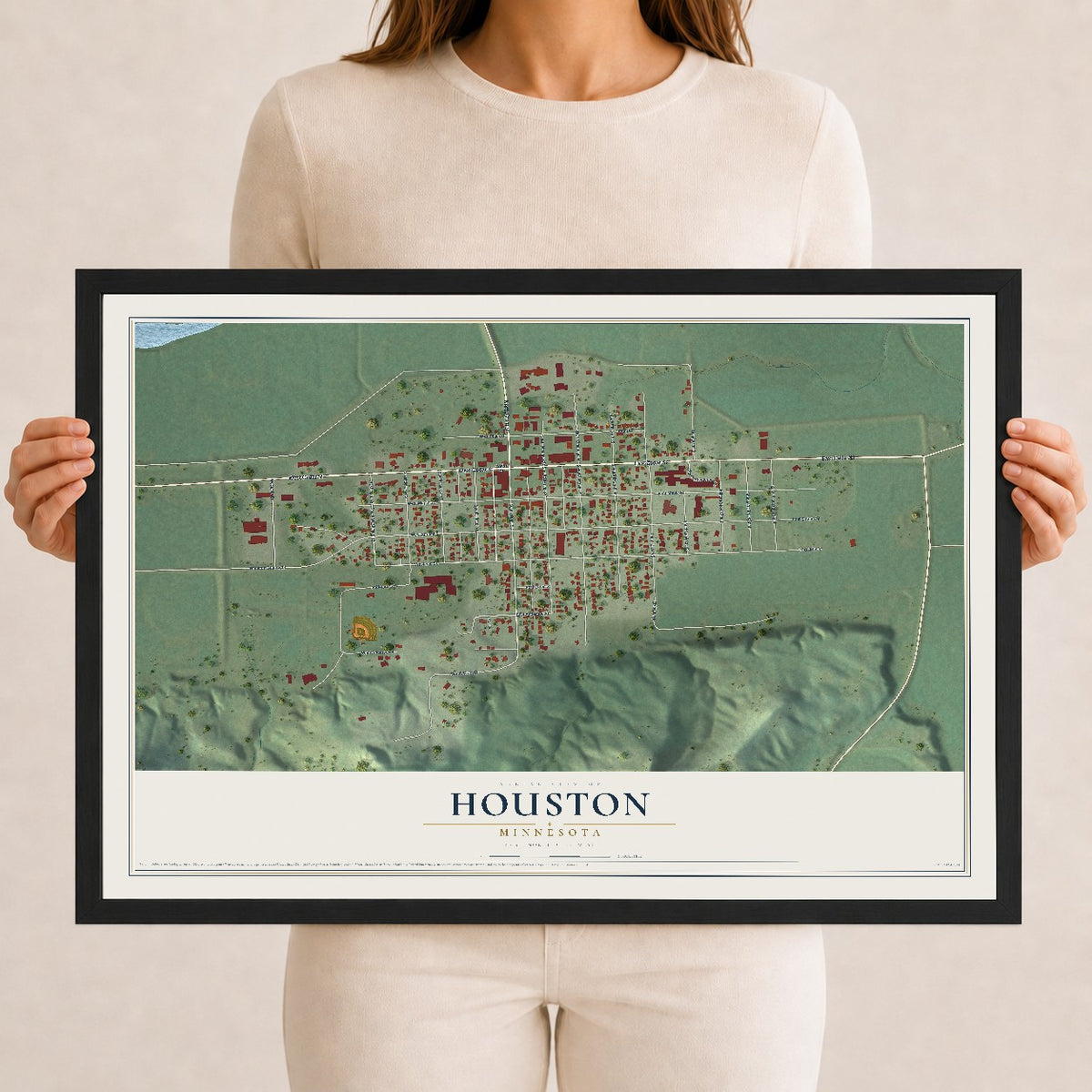 Map of Houston, Minnesota, 12 x 18 inch print in a black wood frame