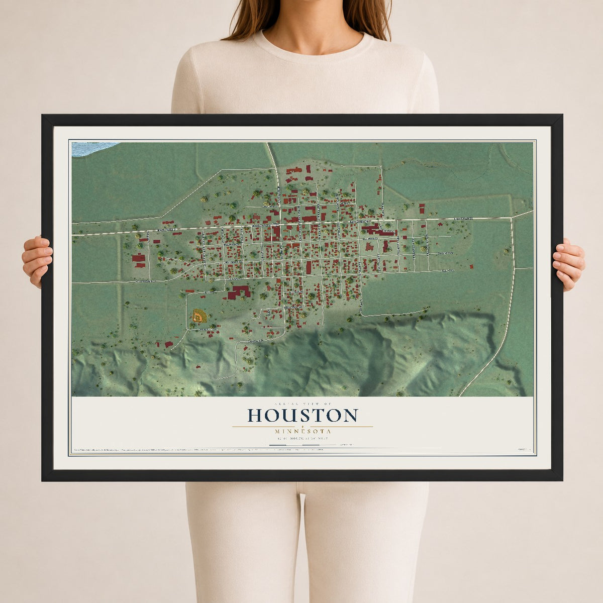 Map of Houston, Minnesota, 24 x 36 inch print in a black wood frame
