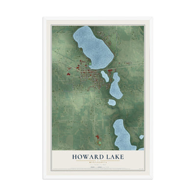 Map of Howard Lake, Minnesota, 12 x 18 inch print in a white wood frame