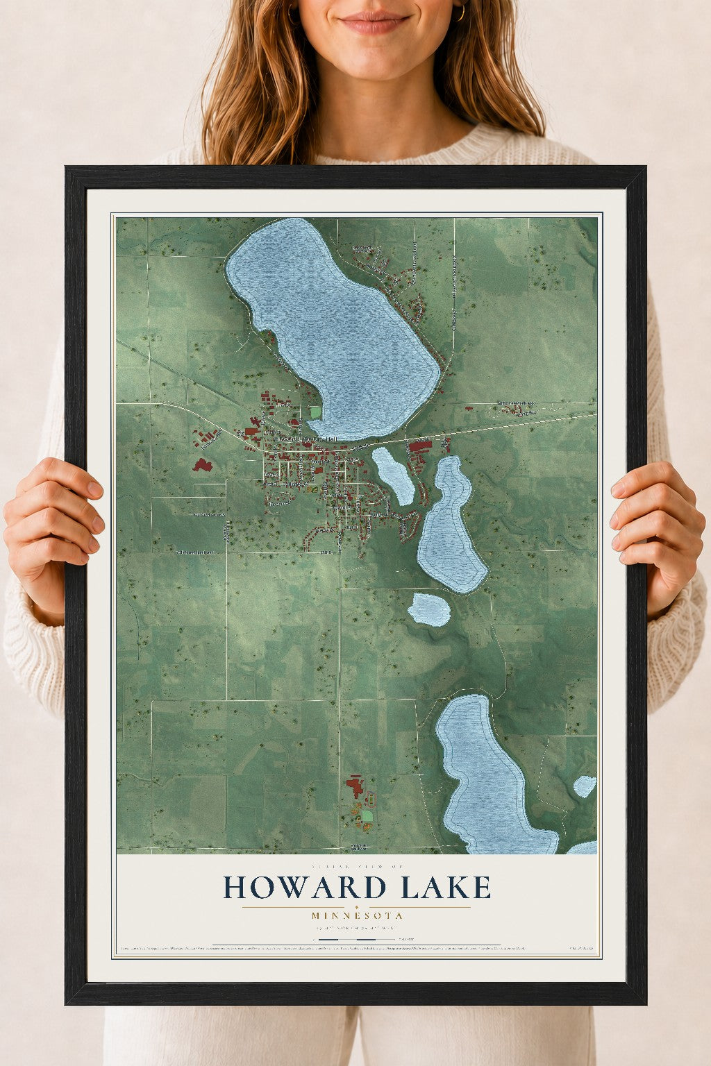 Map of Howard Lake, Minnesota, 18 x 24 inch print in a black wood frame