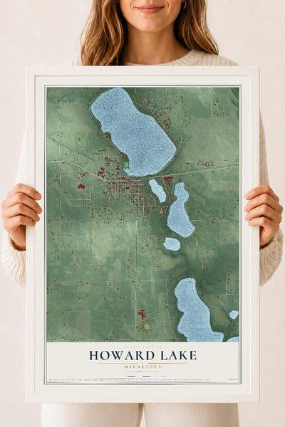 Map of Howard Lake, Minnesota, 18 x 24 inch print in a white wood frame