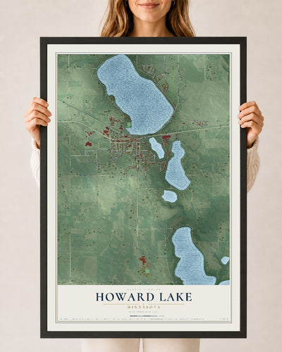 Map of Howard Lake, Minnesota, 24 x 36 inch print in a black wood frame