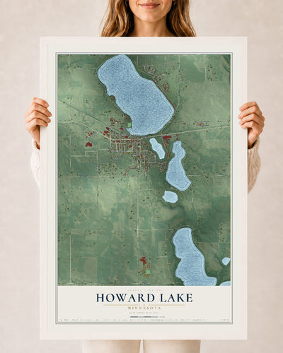 Map of Howard Lake, Minnesota, 24 x 36 inch print in a white wood frame