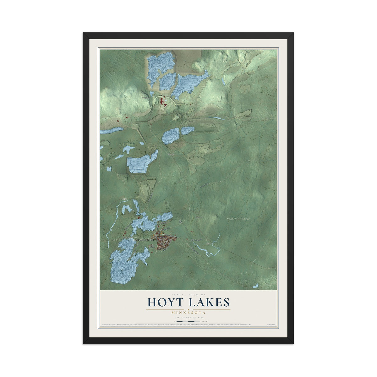 Map of Hoyt Lakes, Minnesota, 12 x 18 inch print in a black wood frame