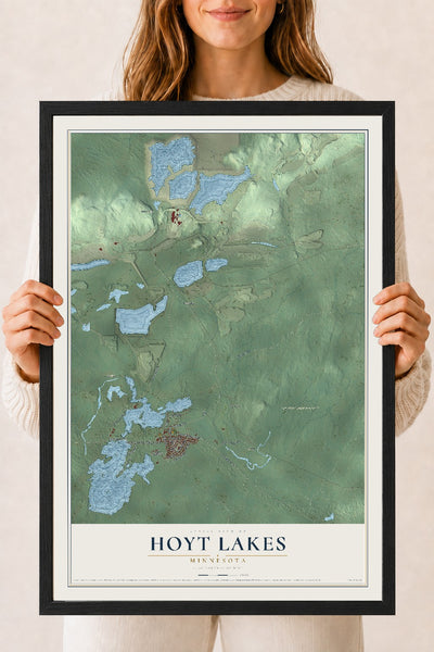 Map of Hoyt Lakes, Minnesota, 18 x 24 inch print in a black wood frame