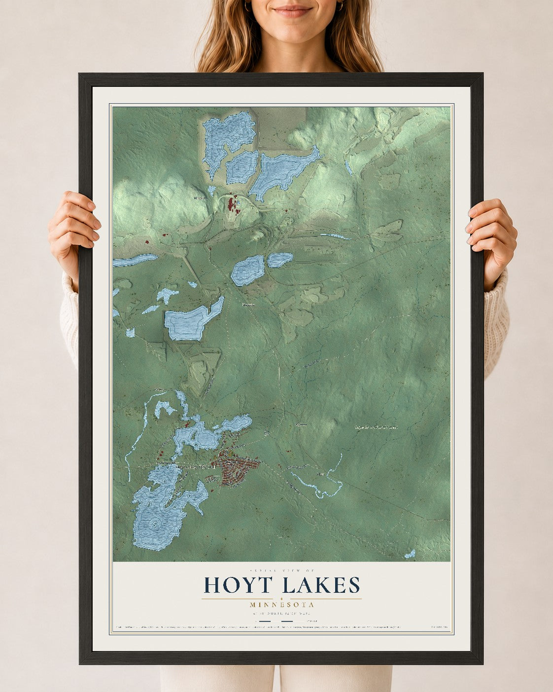Map of Hoyt Lakes, Minnesota, 24 x 36 inch print in a black wood frame