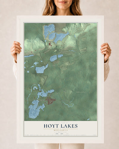 Map of Hoyt Lakes, Minnesota, 24 x 36 inch print in a white wood frame