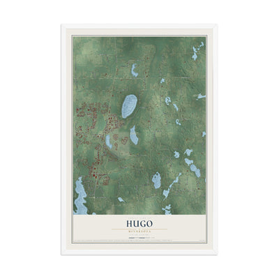 Map of Hugo, Minnesota, 12 x 18 inch print in a white wood frame