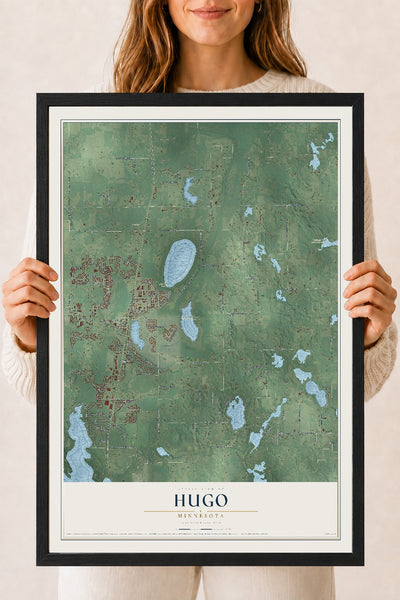 Map of Hugo, Minnesota, 18 x 24 inch print in a black wood frame