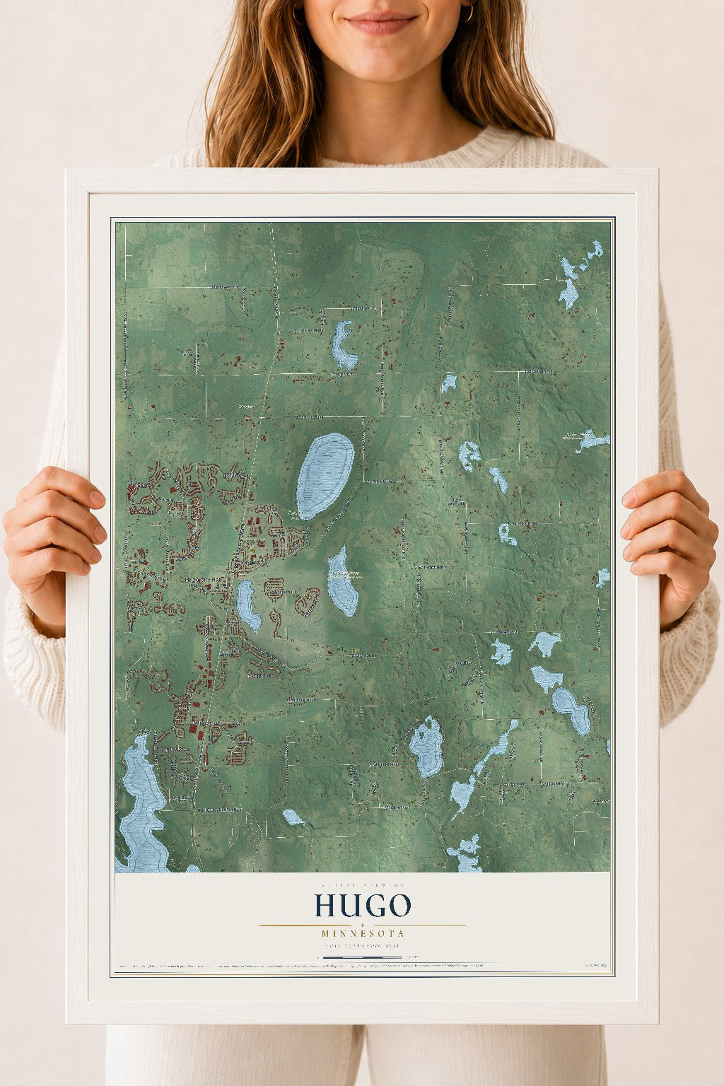 Map of Hugo, Minnesota, 18 x 24 inch print in a white wood frame