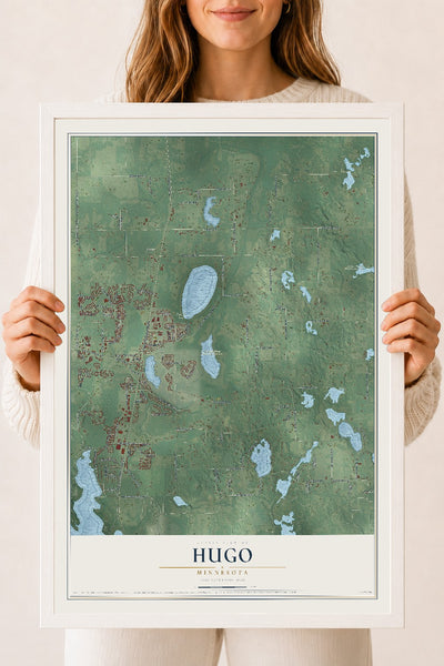 Map of Hugo, Minnesota, 18 x 24 inch print in a white wood frame