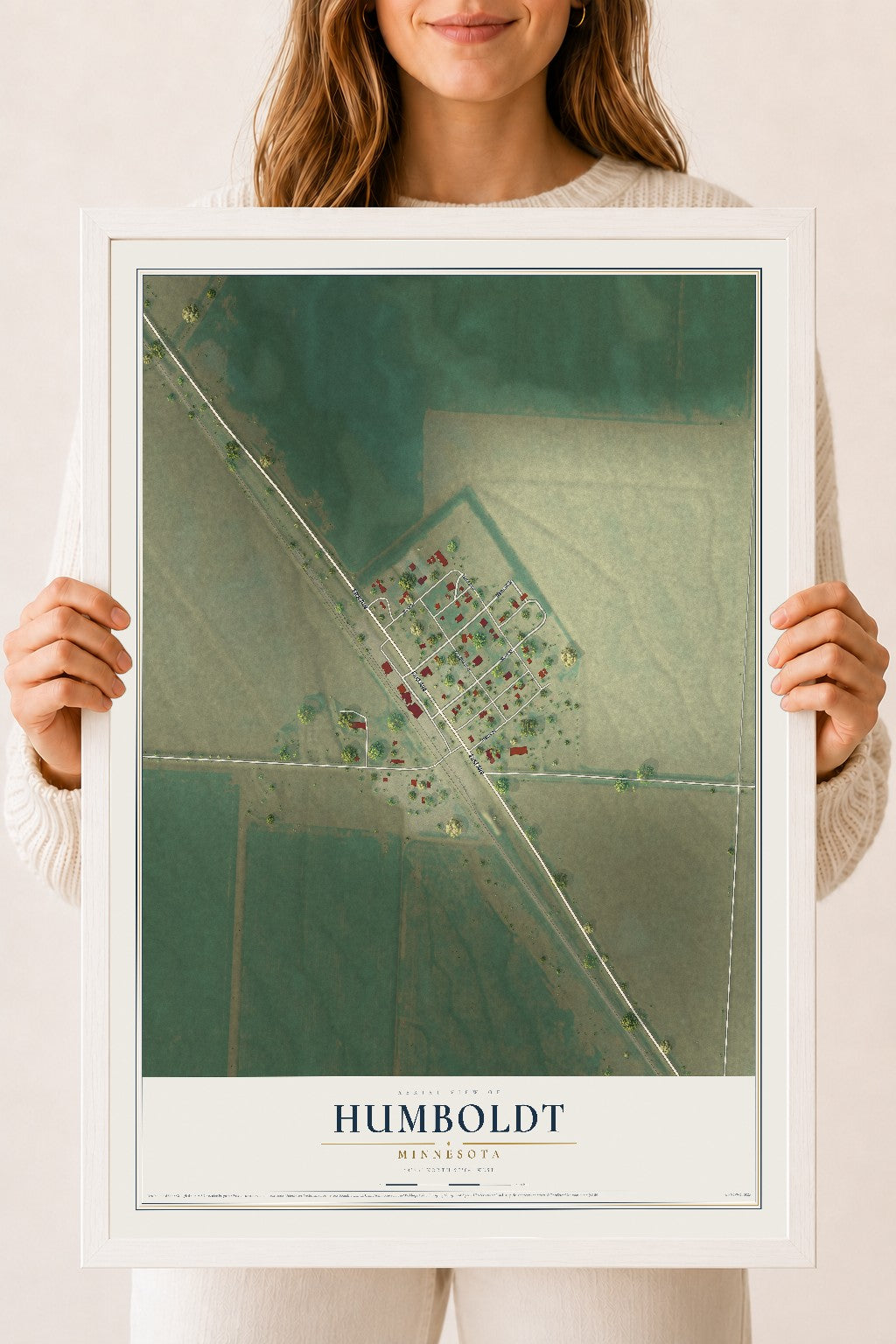 Map of Humboldt, Minnesota, 18 x 24 inch print in a white wood frame