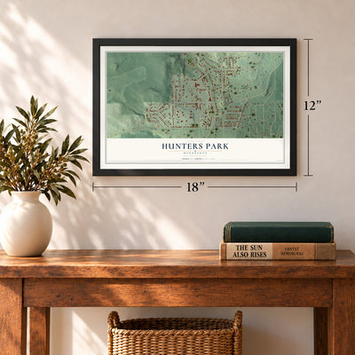 Hunters Park, Minnesota map, 12 x 18 inch print in a black frame in an entryway