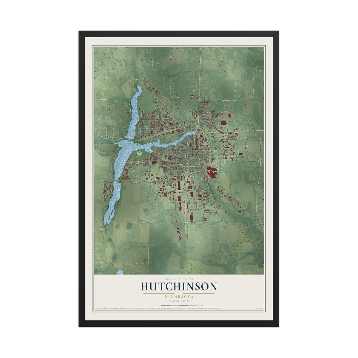 Map of Hutchinson, Minnesota, 12 x 18 inch print in a black wood frame