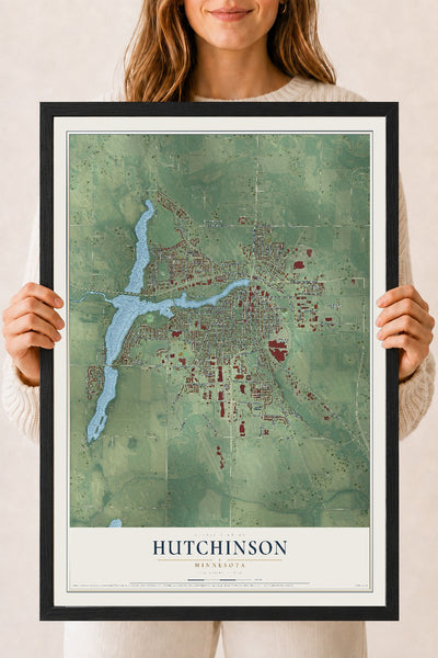 Map of Hutchinson, Minnesota, 18 x 24 inch print in a black wood frame