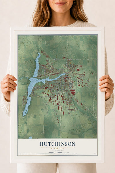 Map of Hutchinson, Minnesota, 18 x 24 inch print in a white wood frame