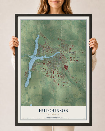 Map of Hutchinson, Minnesota, 24 x 36 inch print in a black wood frame