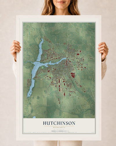 Map of Hutchinson, Minnesota, 24 x 36 inch print in a white wood frame