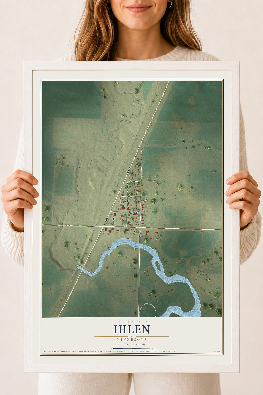Map of Ihlen, Minnesota, 18 x 24 inch print in a white wood frame