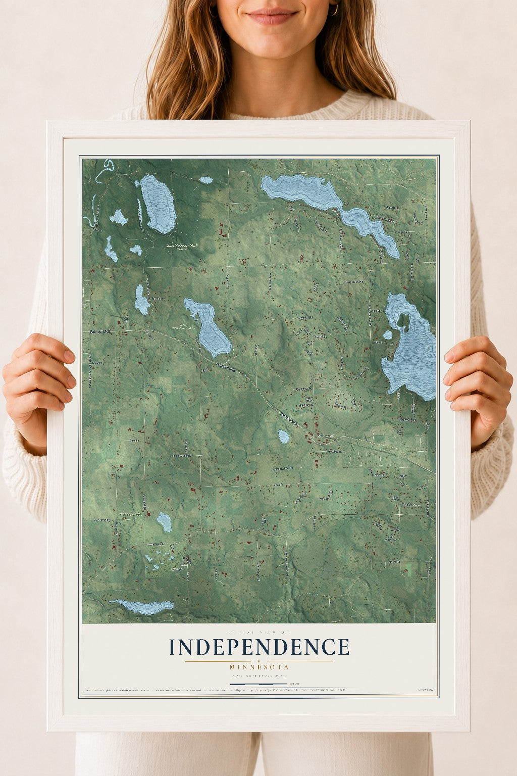 Map of Independence, Minnesota, 18 x 24 inch print in a white wood frame