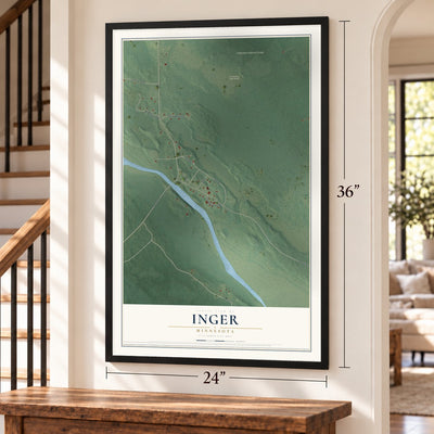 Inger, Minnesota map, 24 x 36 inch print in a black frame by a staircase