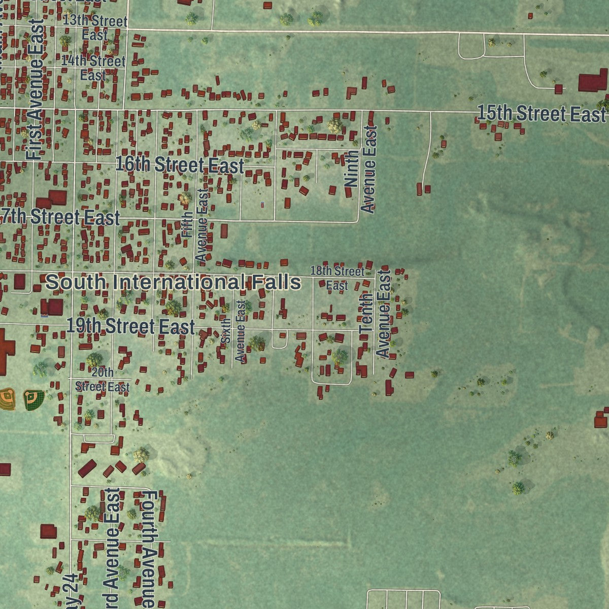 Second close-up of the map of International Falls, Minnesota print showing more streets and buildings