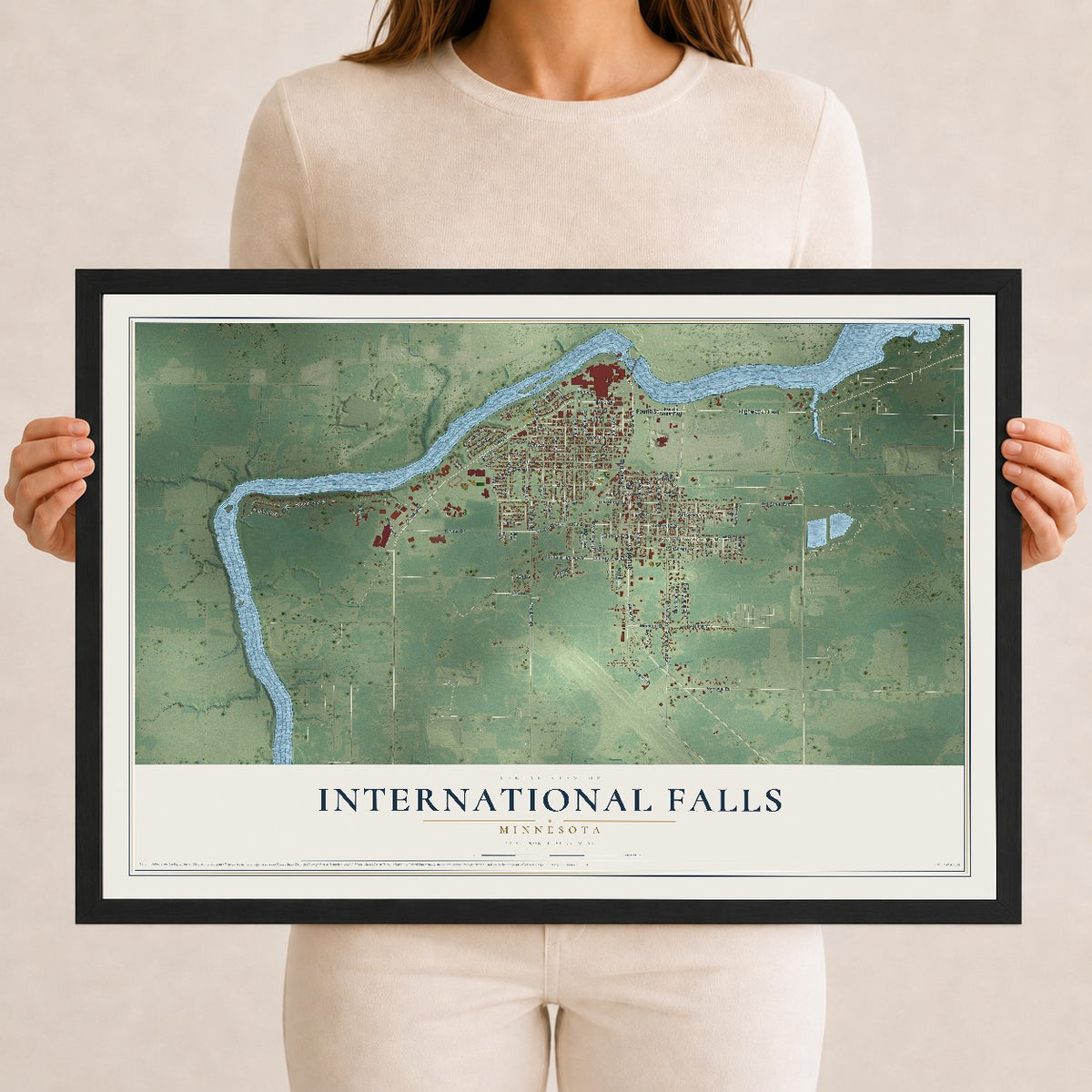 Map of International Falls, Minnesota, 12 x 18 inch print in a black wood frame