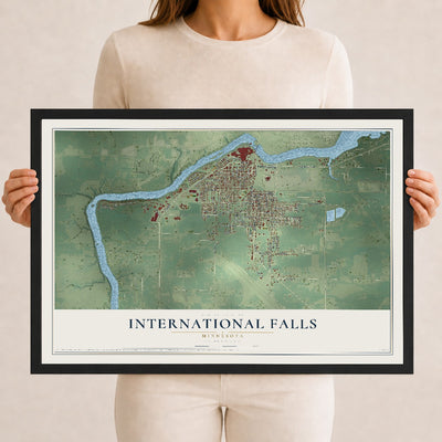 Map of International Falls, Minnesota, 12 x 18 inch print in a black wood frame