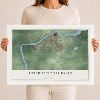 Map of International Falls, Minnesota, 12 x 18 inch print in a white wood frame