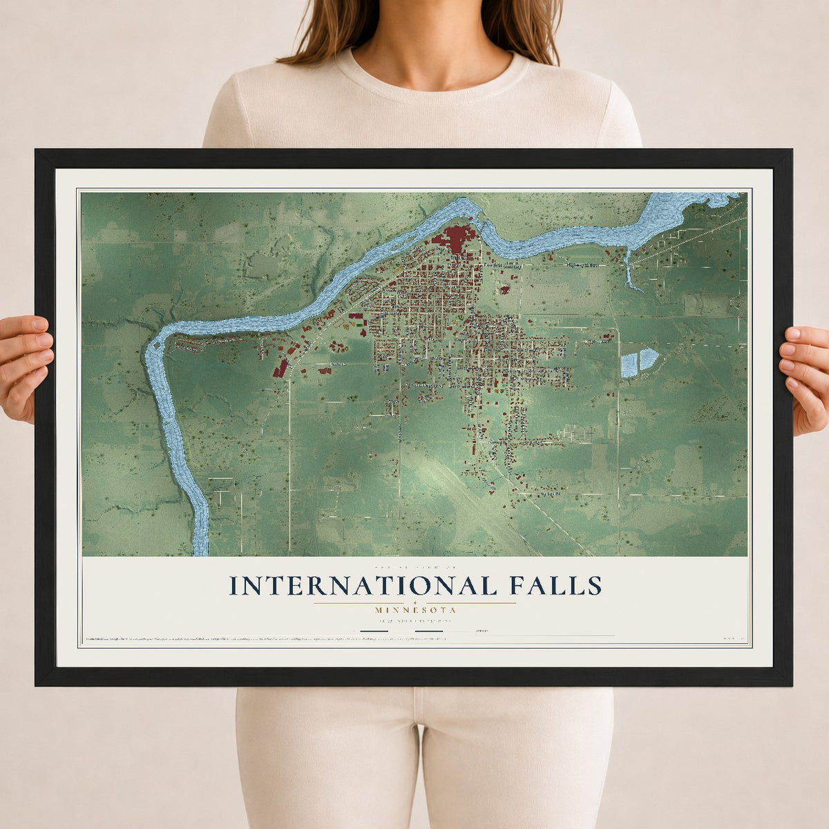 Map of International Falls, Minnesota, 18 x 24 inch print in a black wood frame
