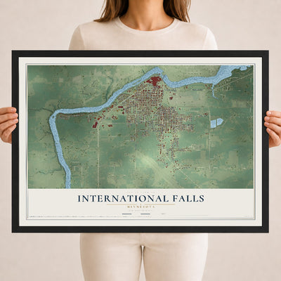 Map of International Falls, Minnesota, 18 x 24 inch print in a black wood frame