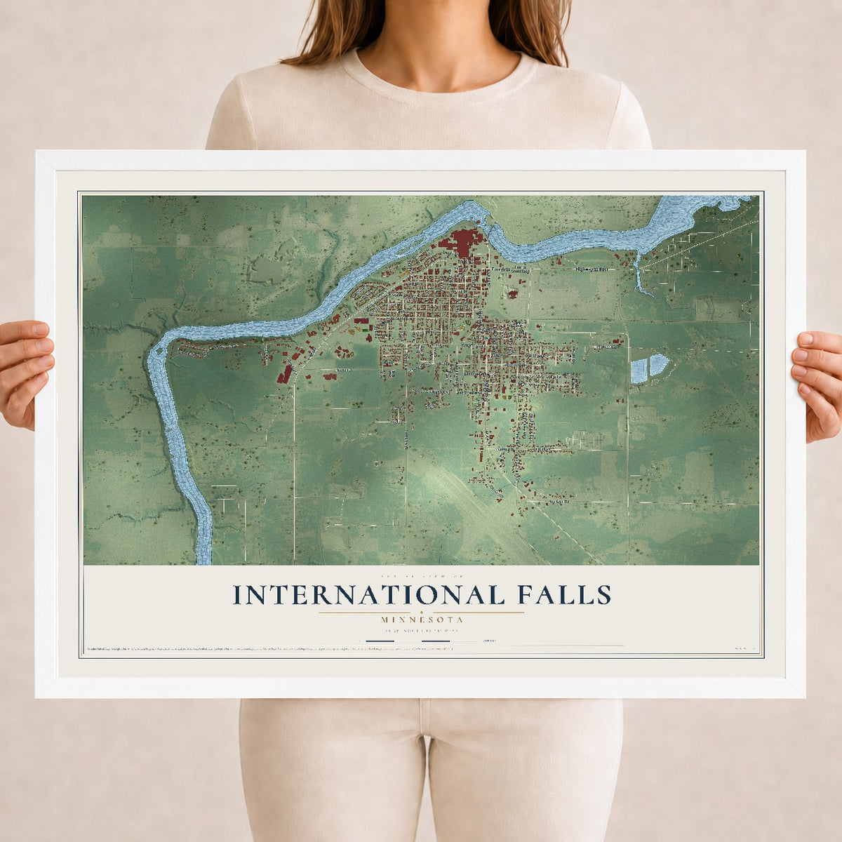 Map of International Falls, Minnesota, 18 x 24 inch print in a white wood frame