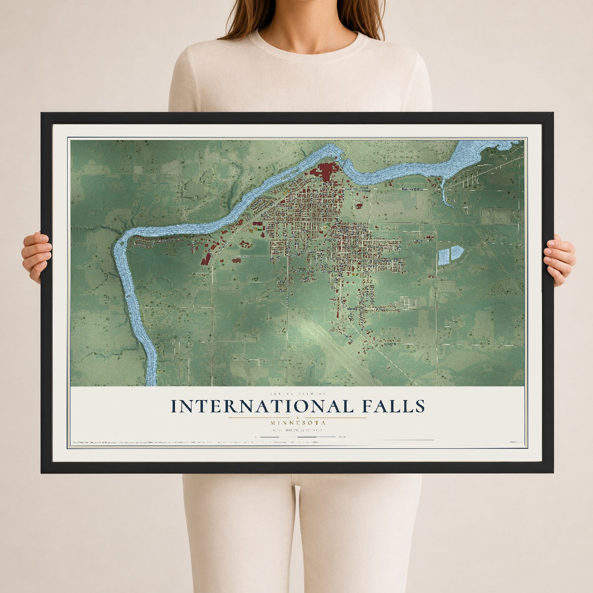 Map of International Falls, Minnesota, 24 x 36 inch print in a black wood frame