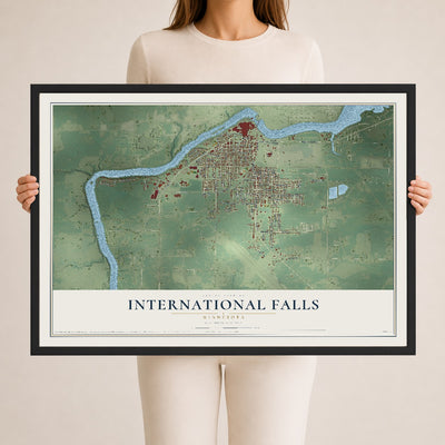 Map of International Falls, Minnesota, 24 x 36 inch print in a black wood frame