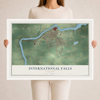 Map of International Falls, Minnesota, 24 x 36 inch print in a white wood frame