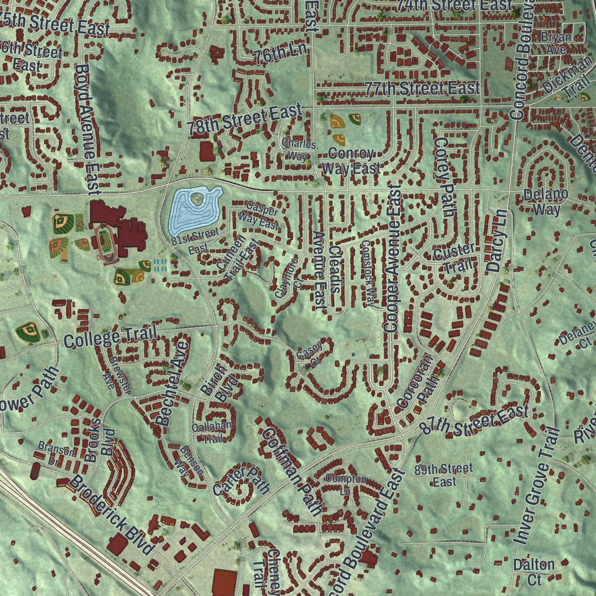 Close-up of the map of Inver Grove Heights, Minnesota print showing street and building detail
