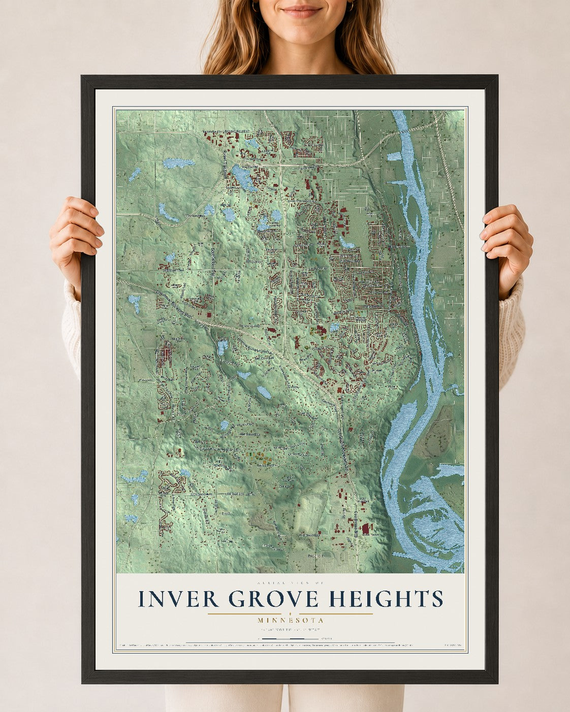 Map of Inver Grove Heights, Minnesota, 24 x 36 inch print in a black wood frame