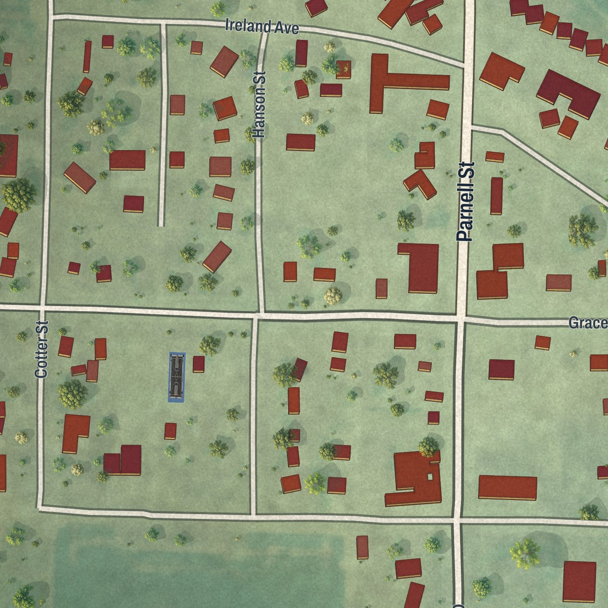 Close-up of the map of Iona, Minnesota print showing street and building detail